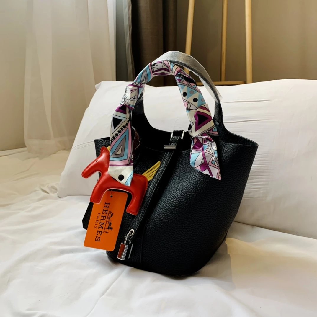 Hermès Picotin Lock Mini Brown Togo Leather Bucket Bag with Pink Rodeo Charm and Silk Scarf Handbags - 6