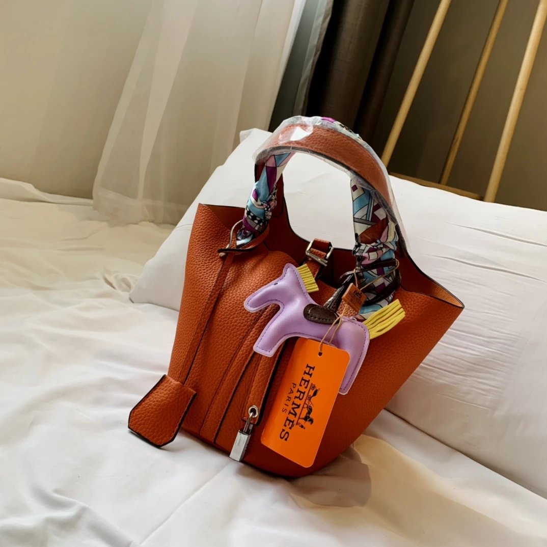 Hermès Picotin Lock Mini Brown Togo Leather Bucket Bag with Pink Rodeo Charm and Silk Scarf Handbags - 7