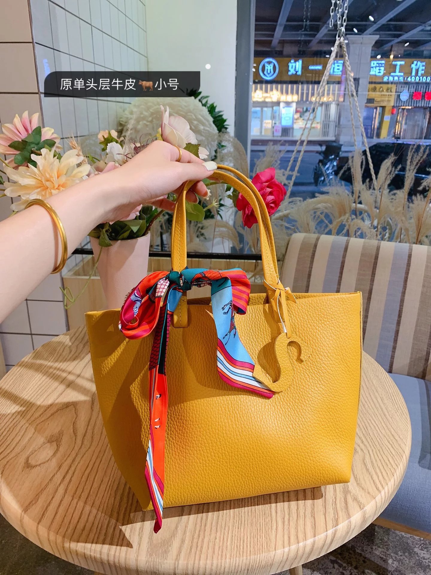 Design Tote Bag Beige Pebbled Leather with Silk Scarf Accent Handbag - 10