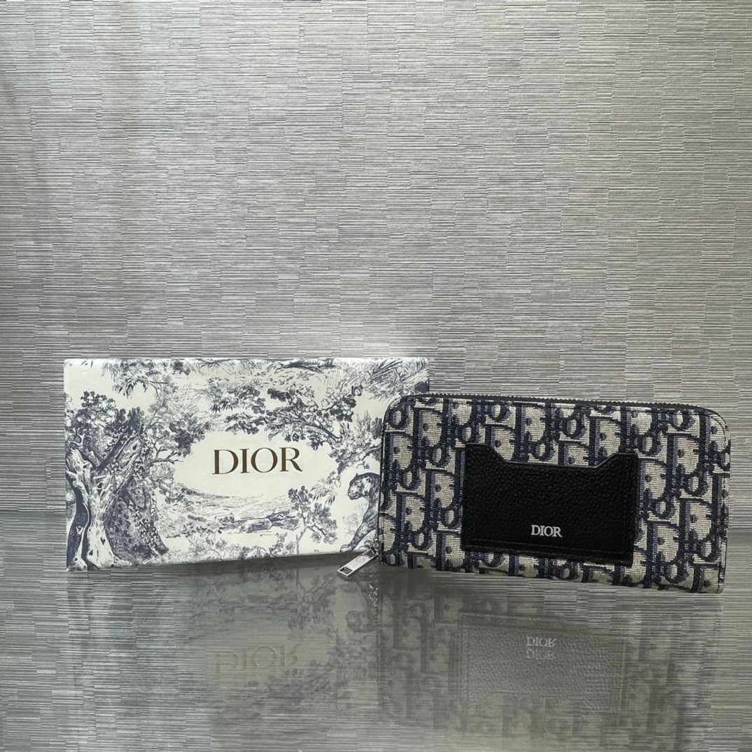 Dior Oblique Print Long Wallet in Beige and Navy
