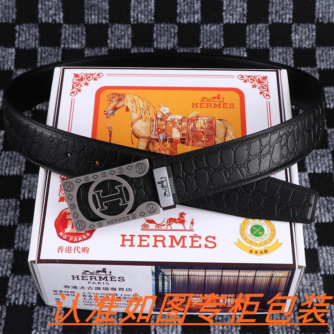 Hermès H Equestrian Pattern Reversible Leather Belt Black / Burgundy - 11