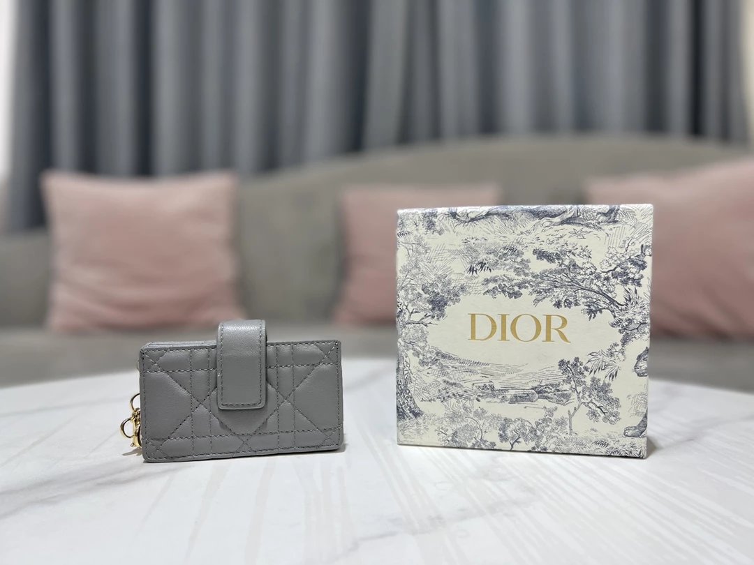 Dior Diorama Card Holder Gray Quilted Leather Wallet