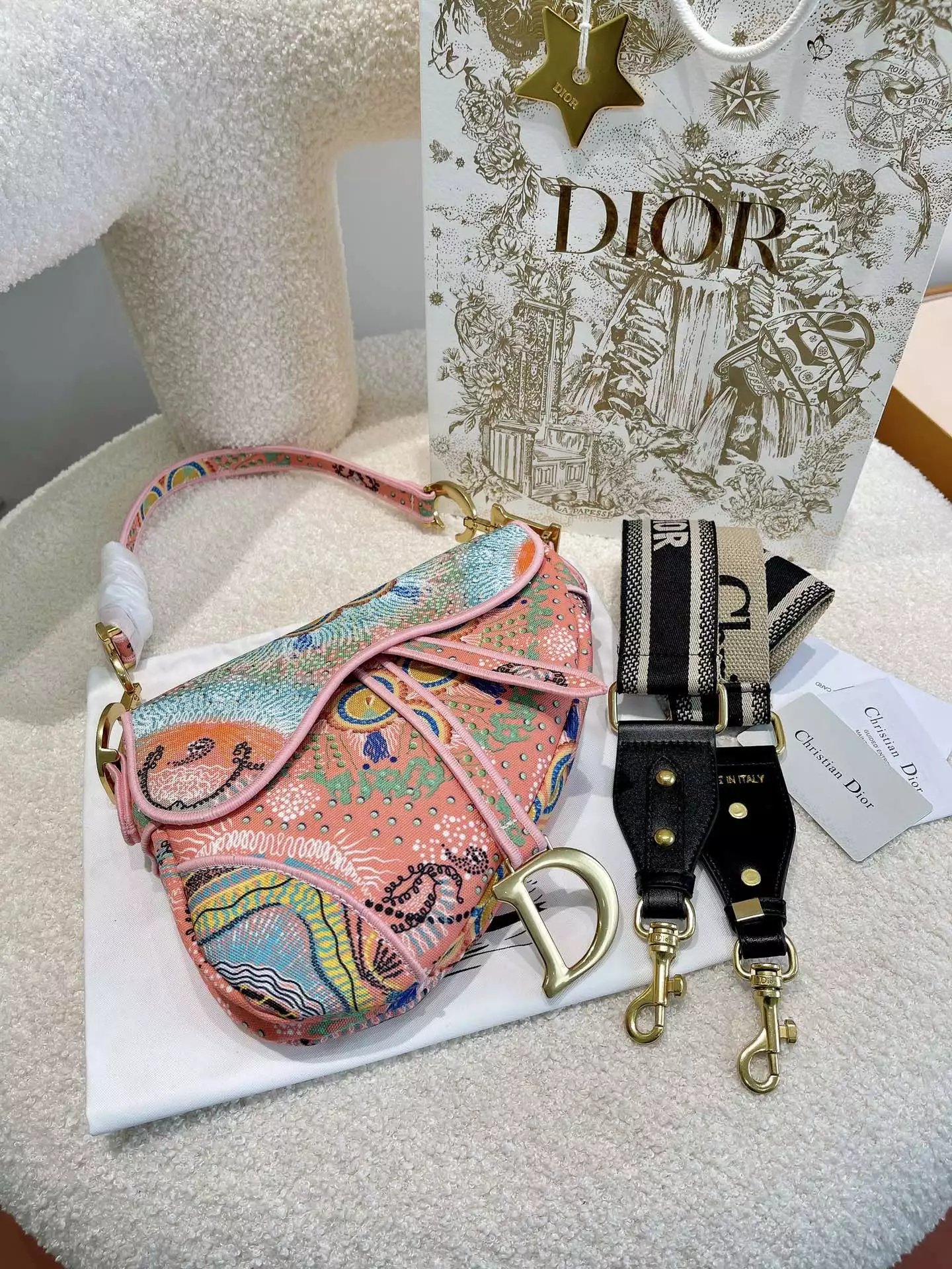 Dior Saddle Bag Pink Ostrich-Embossed Leather Crossbody Bag - 12