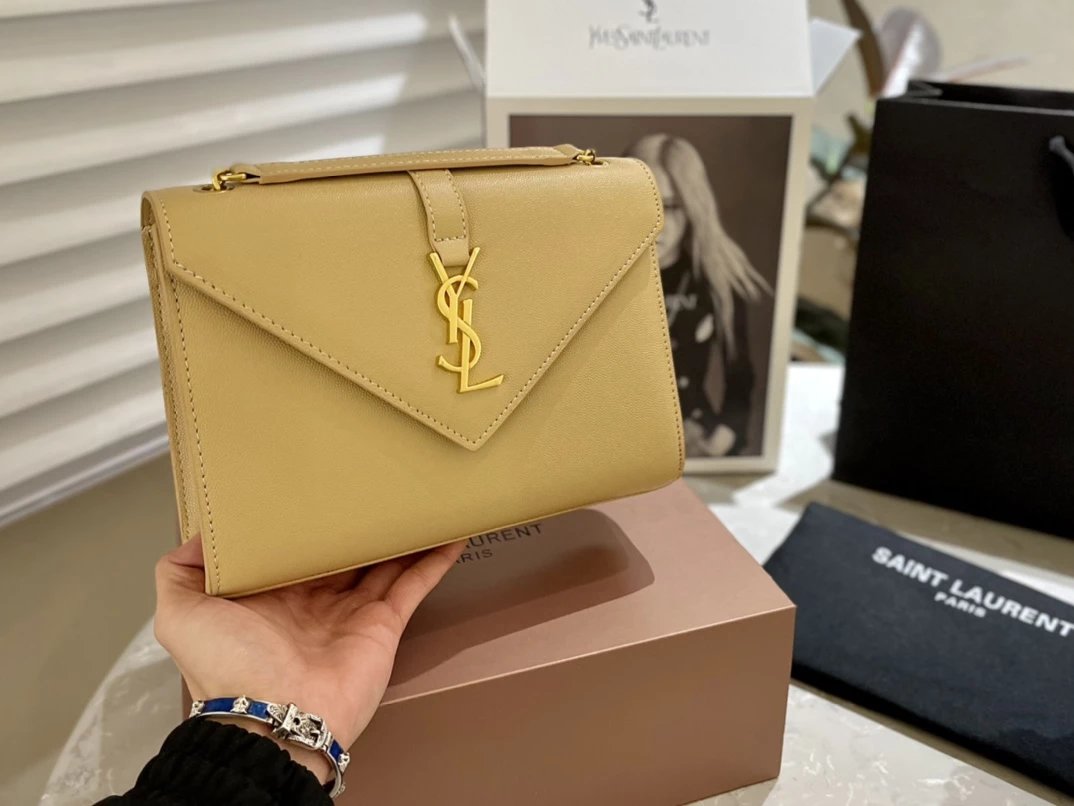 Saint Laurent Monogram Envelope Clutch Pale Yellow Leather Handbag Clutches - 15