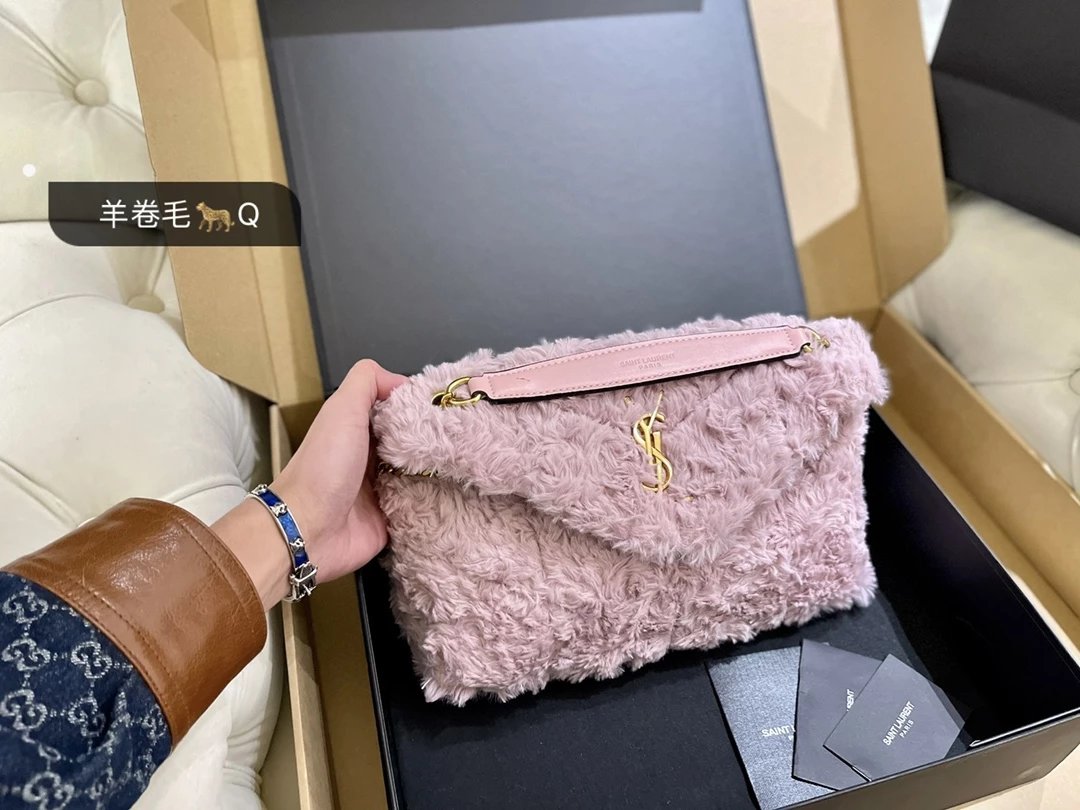 Saint Laurent Loulou Faux Fur Pink Chain Shoulder Bag - 14