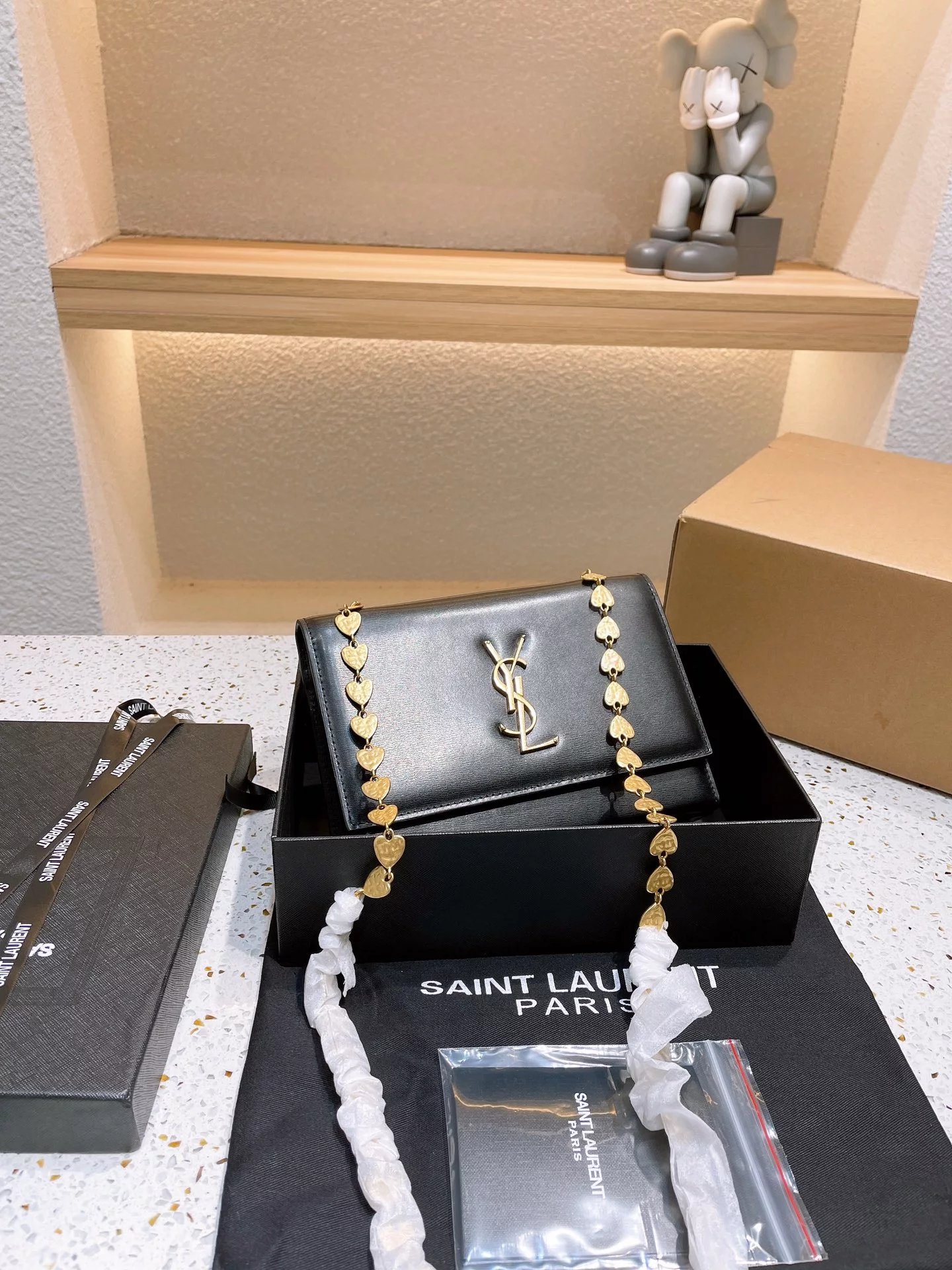 Saint Laurent Monogram Heart Chain Wallet in Black