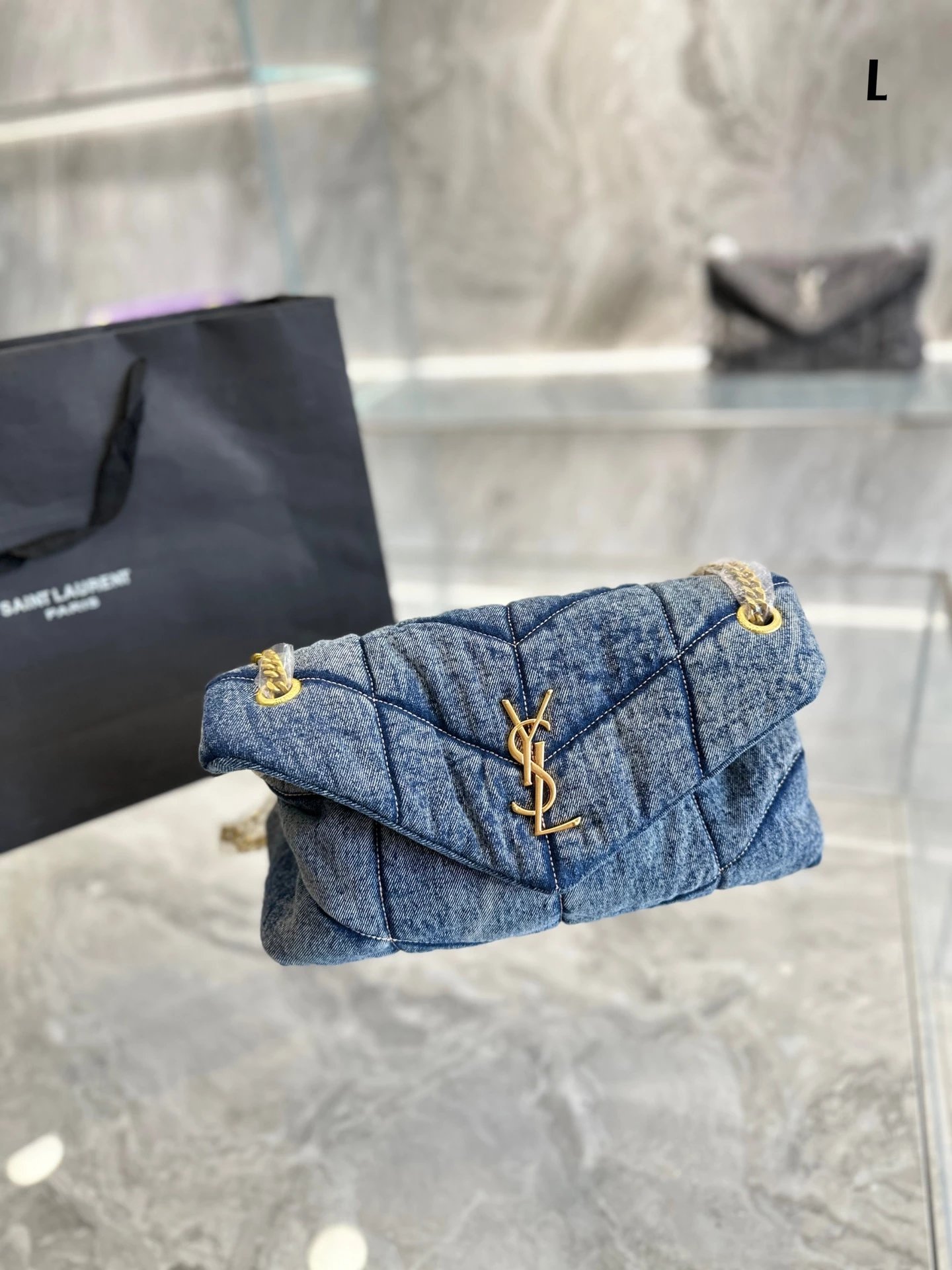 Saint Laurent Loulou Denim Quilted Chain Bag Blue Shoulder Bags - 10
