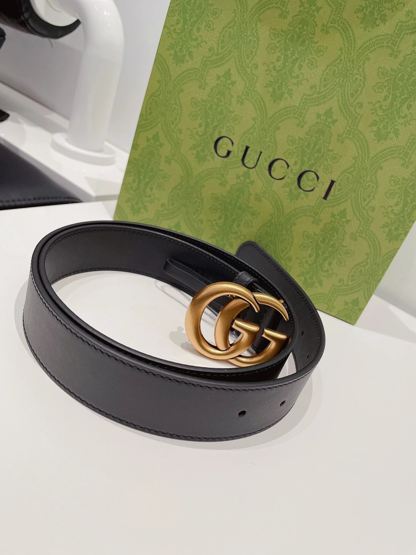 Gucci GG Marmont Leather Belt Black with Green-Red Web Stripe - 14