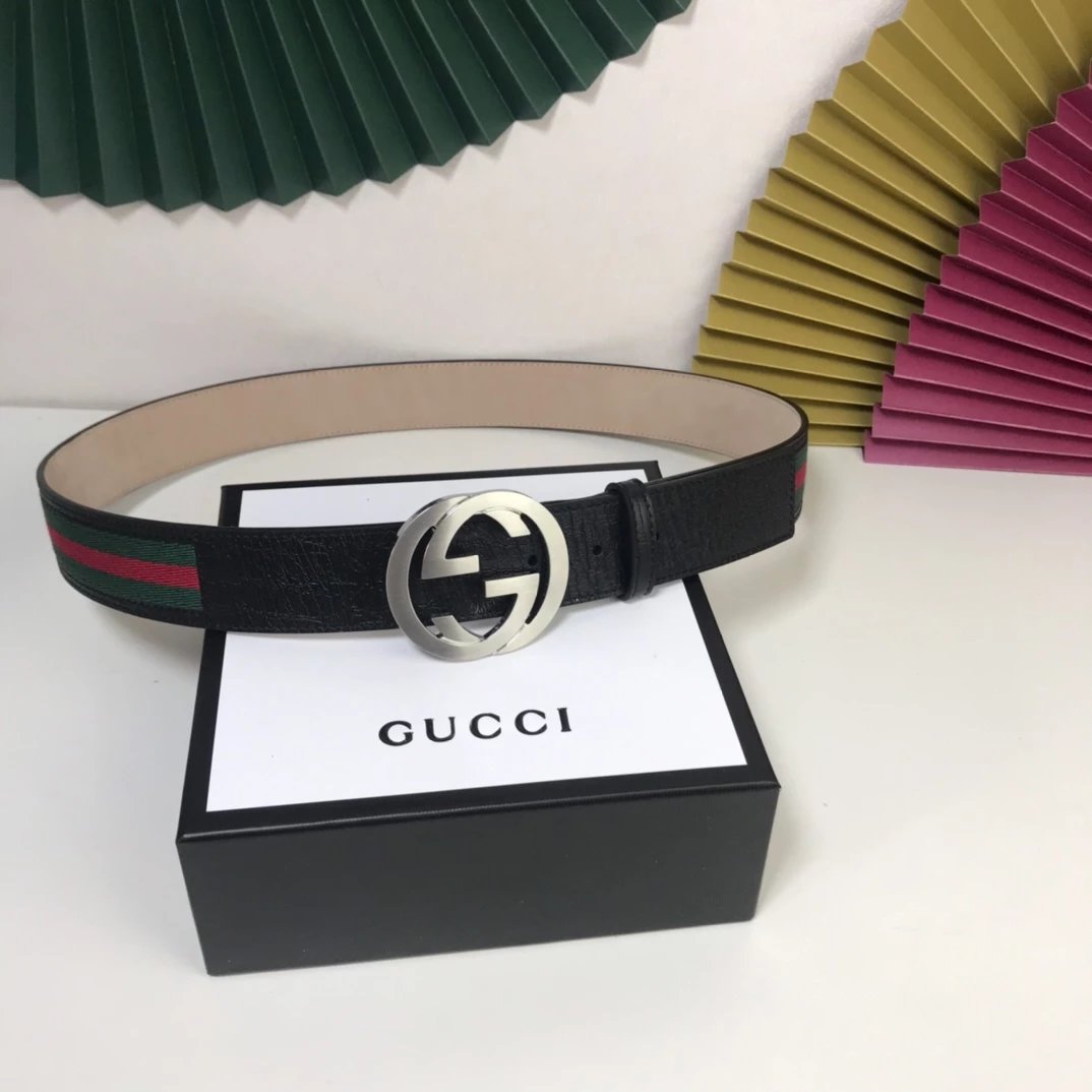 Gucci GG Marmont Leather Belt Black with Green-Red Web Stripe - 12