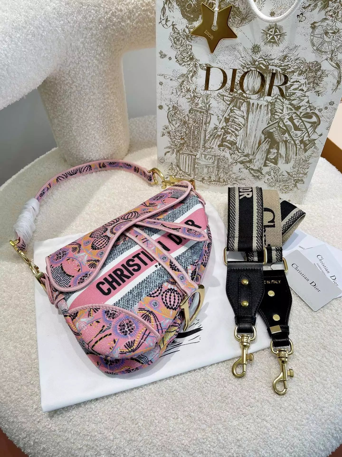 Dior Saddle Bag Pink Ostrich-Embossed Leather Crossbody Bag - 7