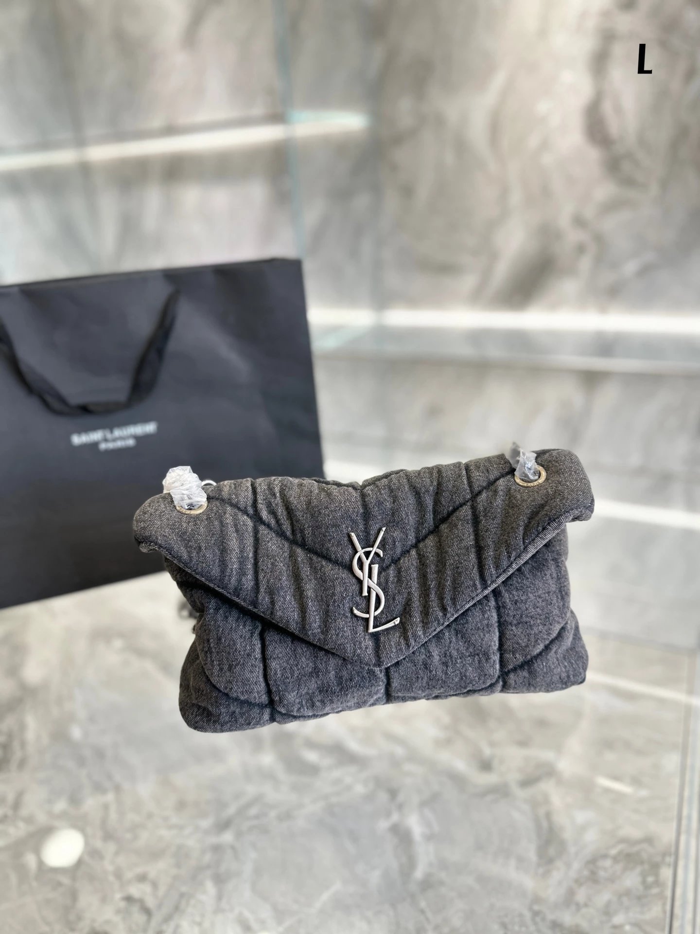 Saint Laurent Loulou Denim Quilted Chain Bag Blue Shoulder Bags - 12