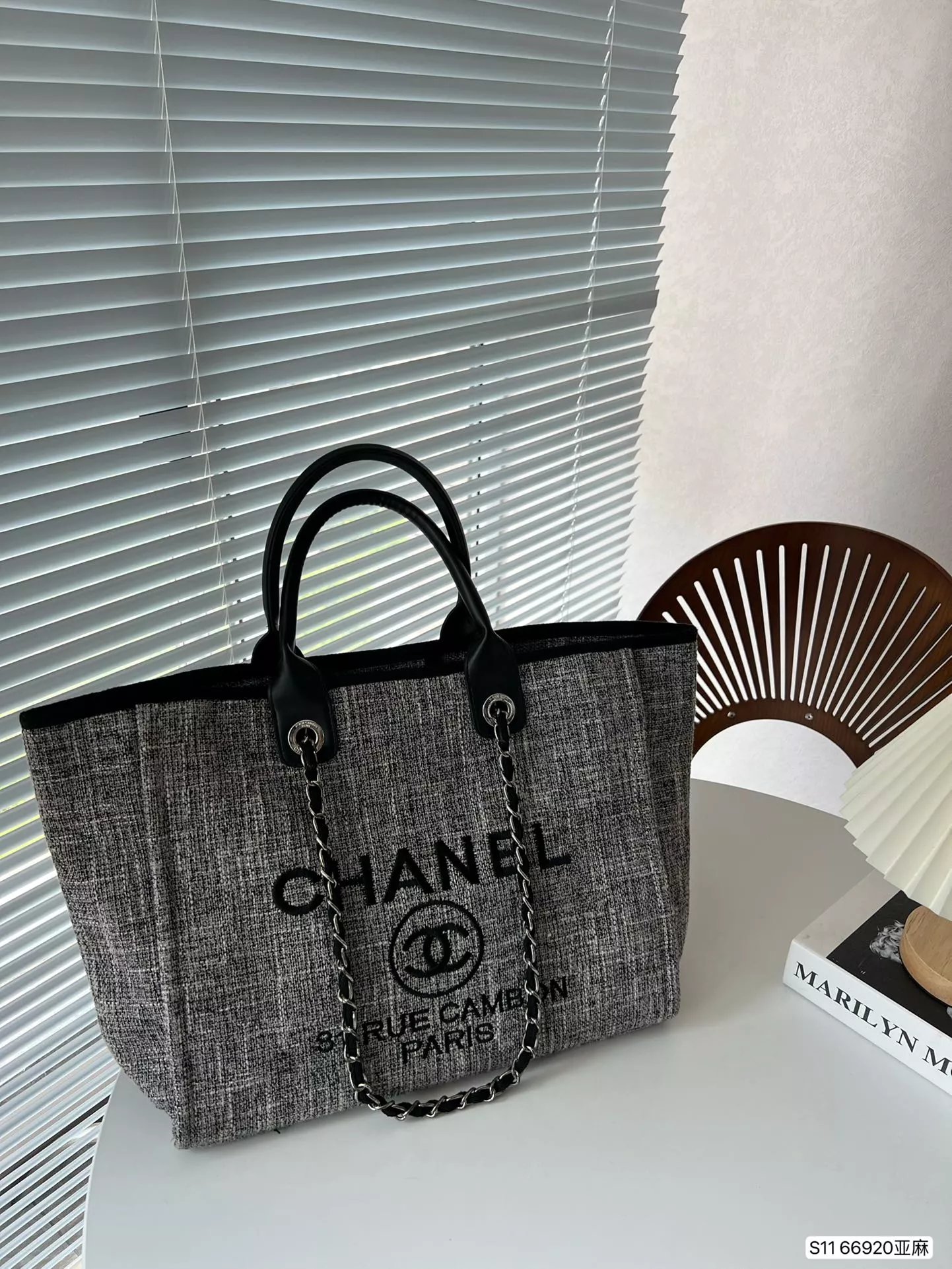 Chanel Deauville Tote Bag Gray Tweed Handbag - 6