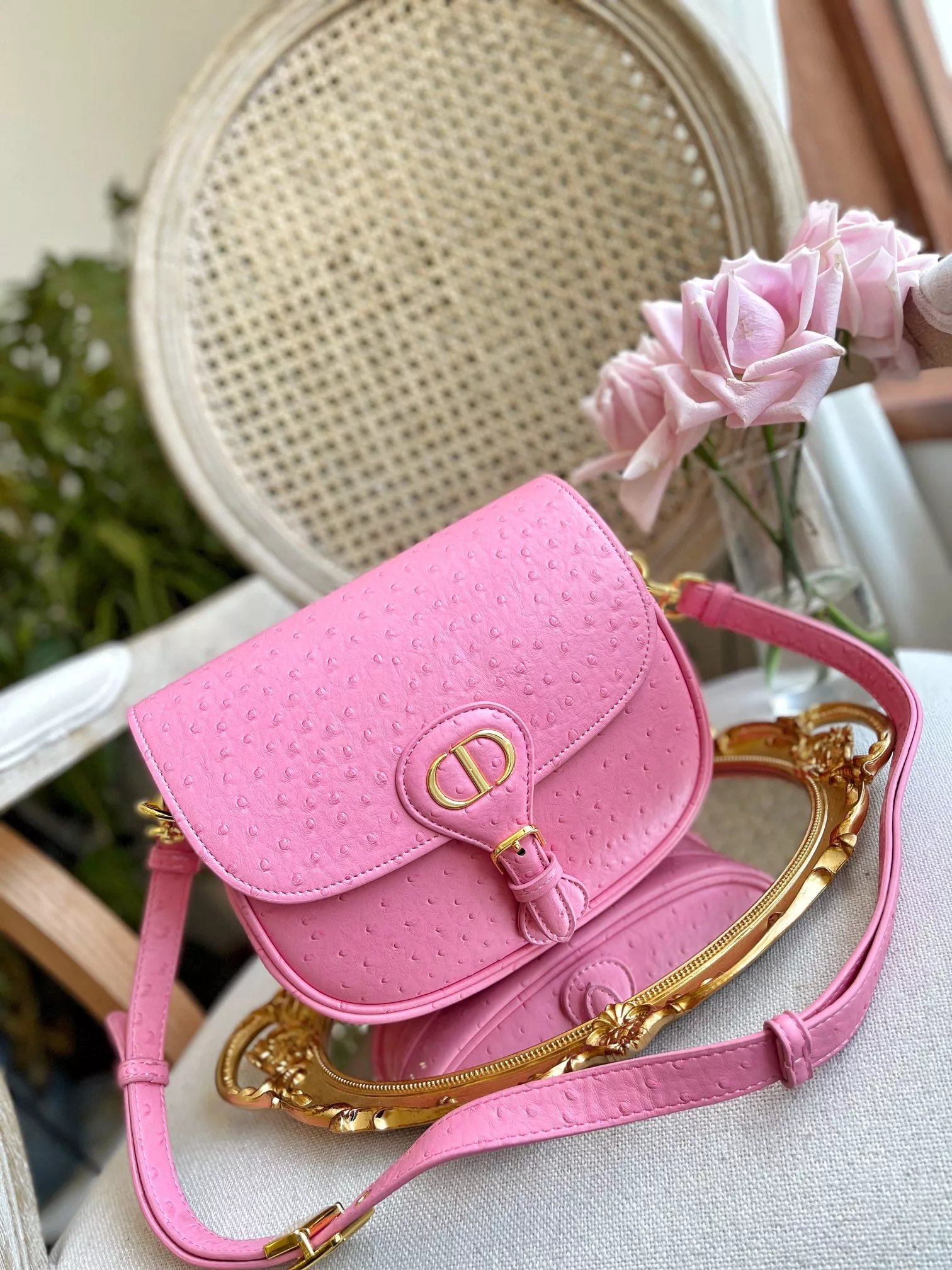 Dior Saddle Bag Pink Ostrich-Embossed Leather Crossbody Bag - 3