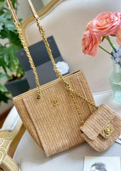 Chanel Wicker Tote Bag Beige with Gold Hardware - 1