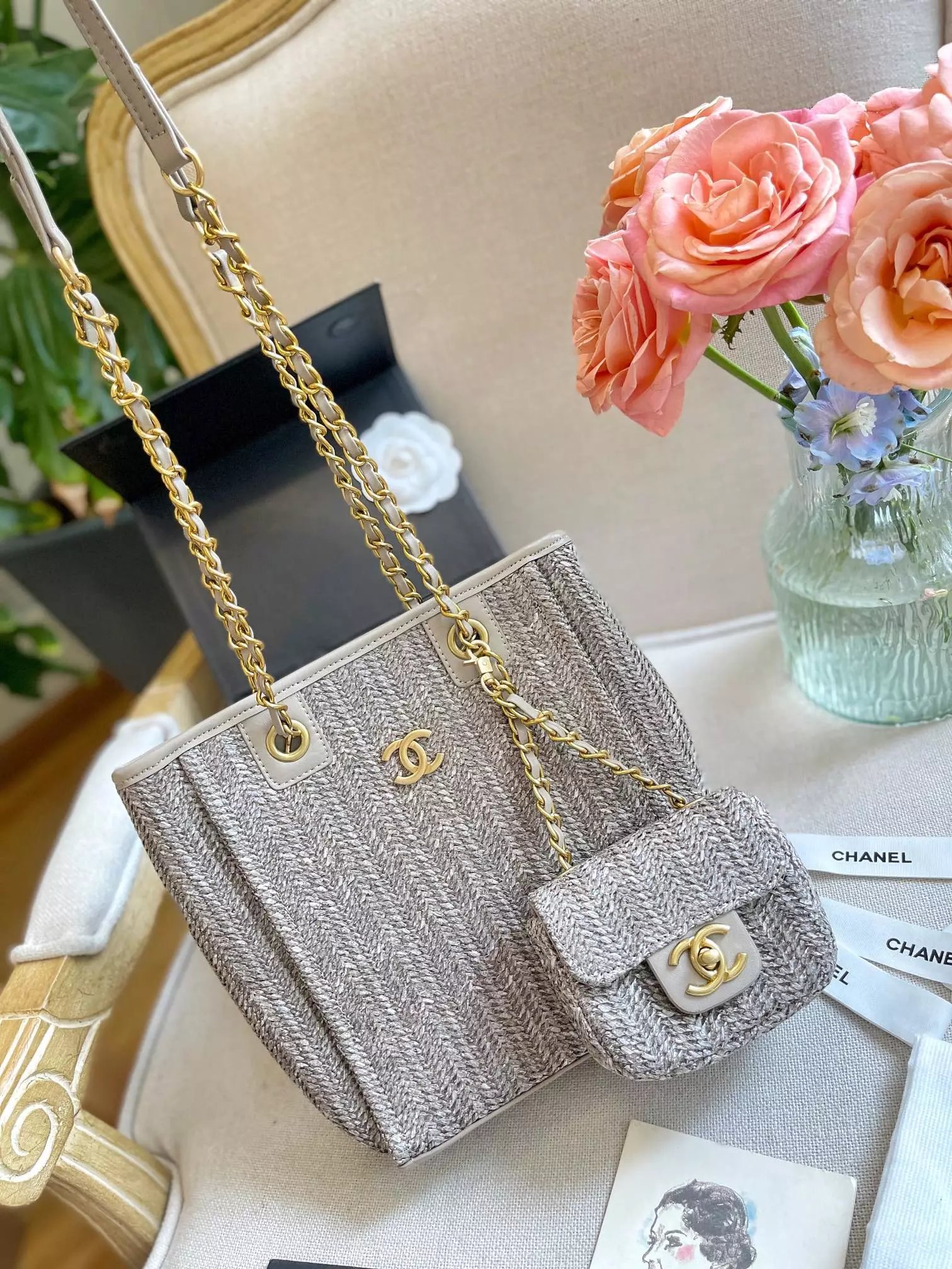 Chanel Deauville Tote Bag Gray Tweed Handbag - 9