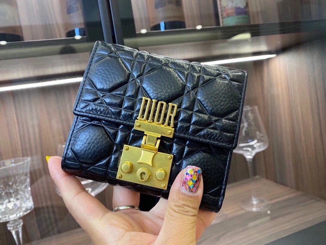 Dior Lady Dior Mini Wallet Black Quilted Leather with Gold Hardware Short Wallet