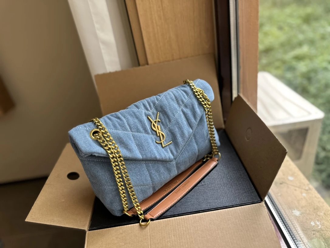 Saint Laurent Loulou Denim Quilted Chain Bag Blue Shoulder Bags - 14