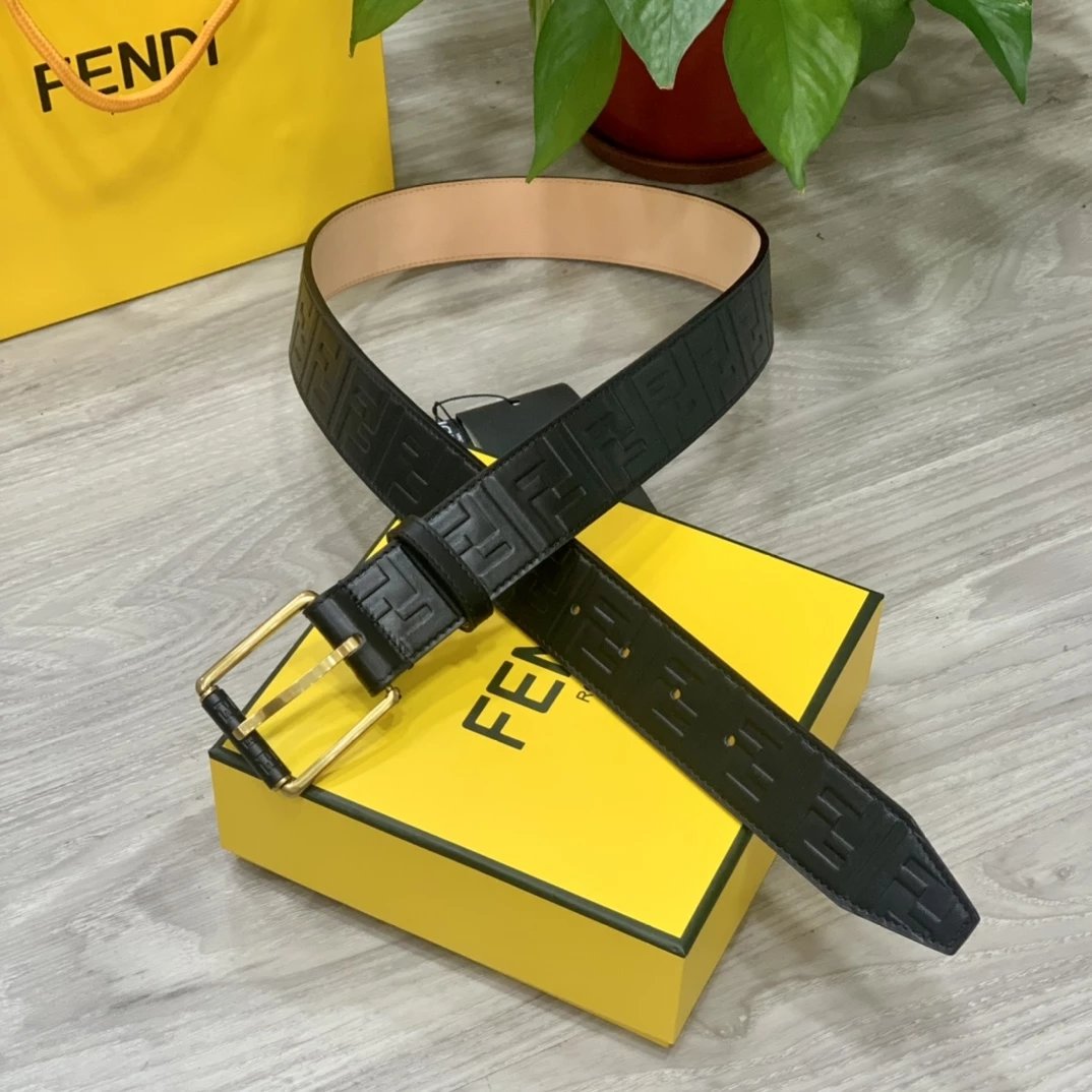 Fendi FF Logo Croc-Embossed Leather Belt Black - 12