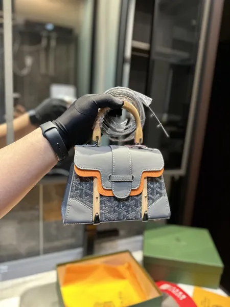 Goyard Saint Louis Mini Handbag Navy Blue with Orange Trim and Wood Handle - 9