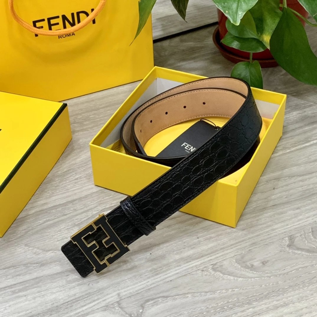 Fendi FF Logo Croc-Embossed Leather Belt Black - 9