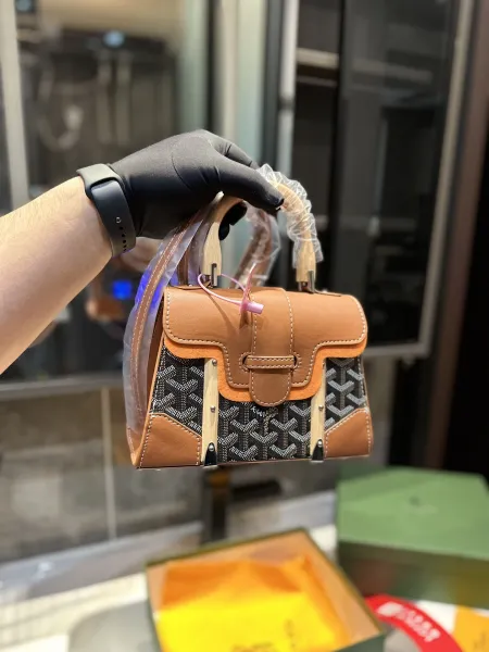 Goyard Saint Louis Mini Handbag Navy Blue with Orange Trim and Wood Handle - 6