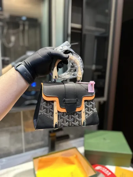 Goyard Saint Louis Mini Handbag Navy Blue with Orange Trim and Wood Handle - 8