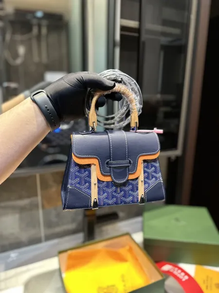 Goyard Saint Louis Mini Handbag Navy Blue with Orange Trim and Wood Handle - 1
