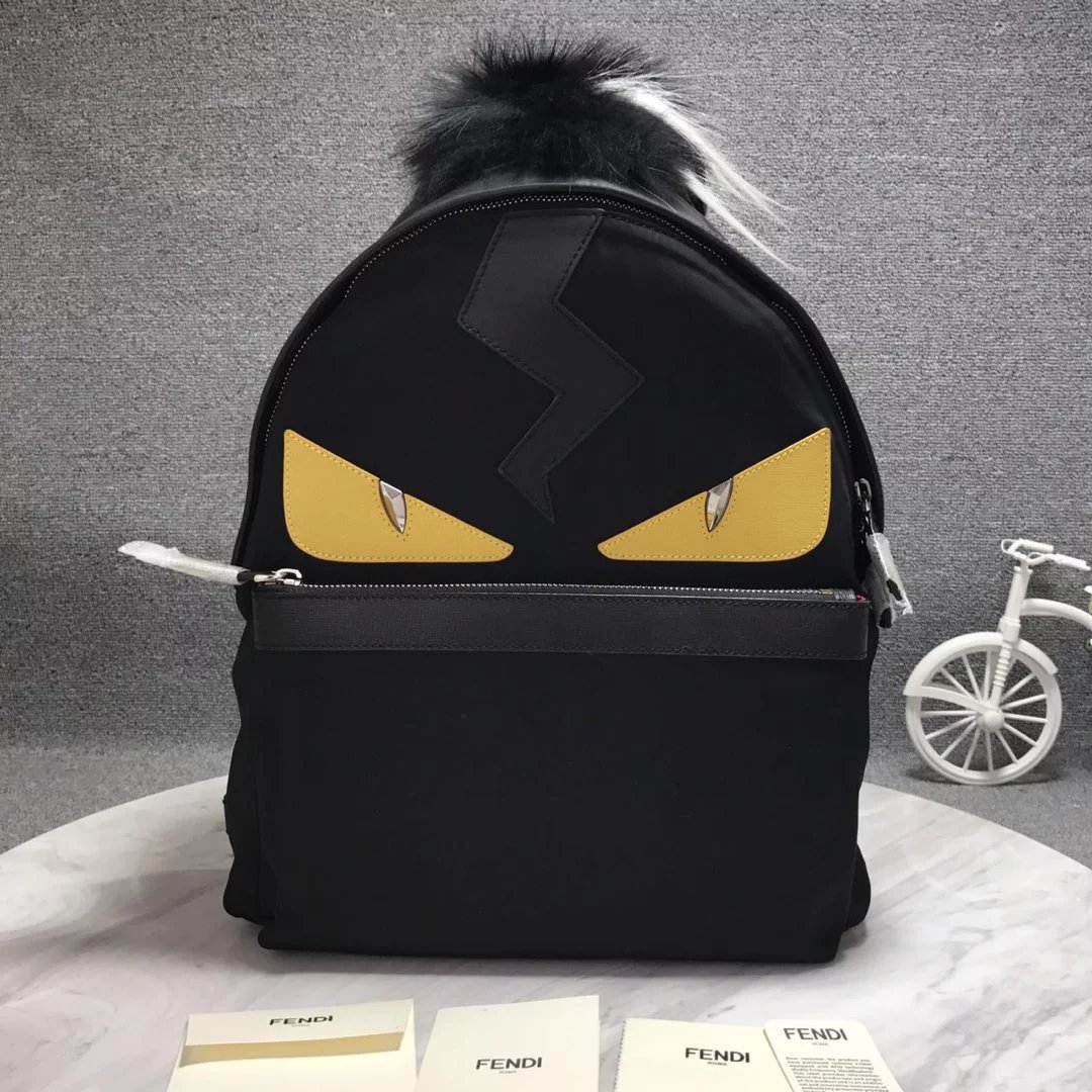 Fendi Monster Eyes Backpack Black with Python and Fur Trim Mini Backpack - 2
