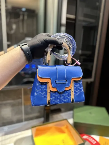 Goyard Saint Louis Mini Handbag Navy Blue with Orange Trim and Wood Handle - 5