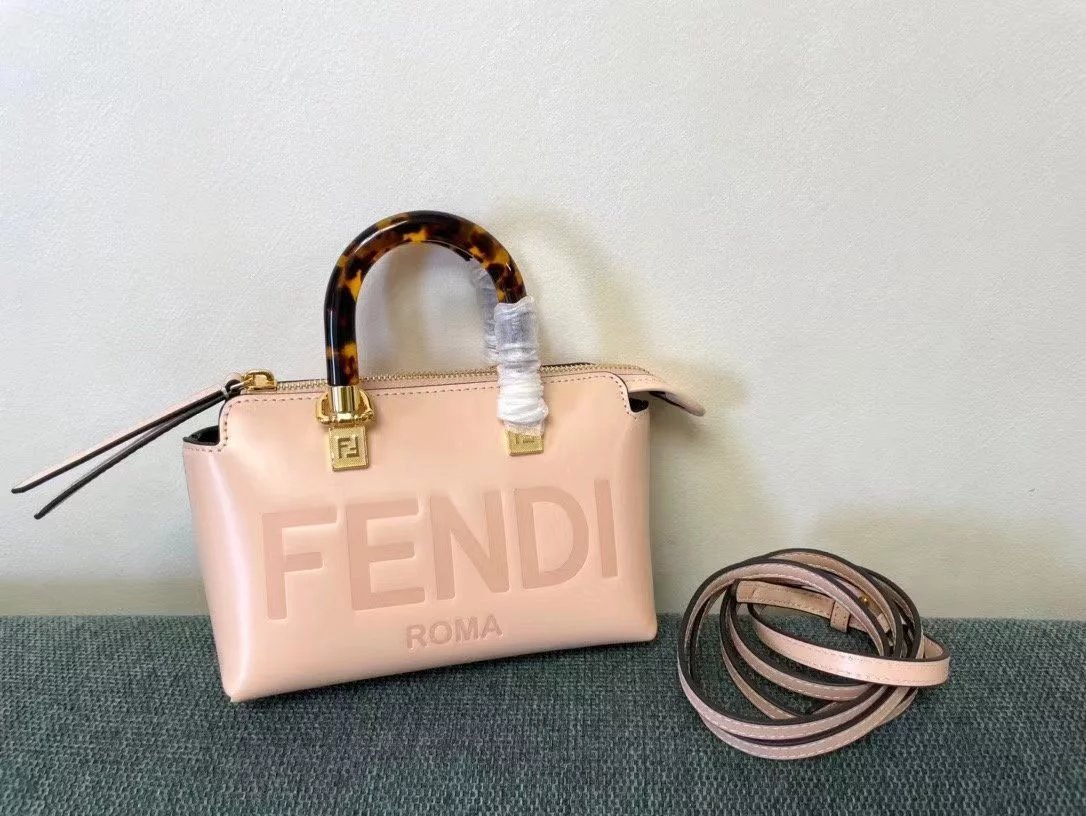 Fendi Boston Bag Black Leather with Beige Webbing Strap Handbag - 4
