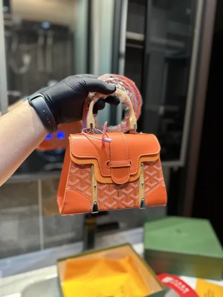 Goyard Saint Louis Mini Handbag Navy Blue with Orange Trim and Wood Handle - 7