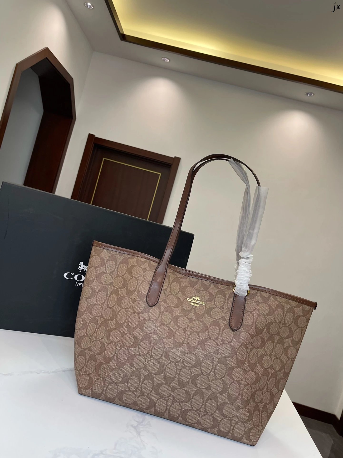 Coach Signature Tote Bag Beige and White with Matching Pouch Handbag - 10