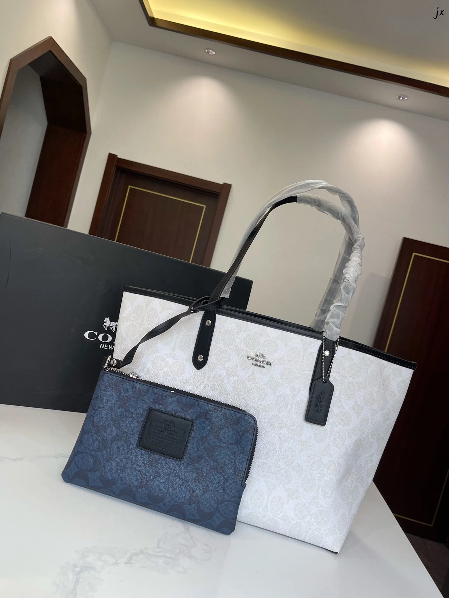 Coach Signature Tote Bag Beige and White with Matching Pouch Handbag - 13