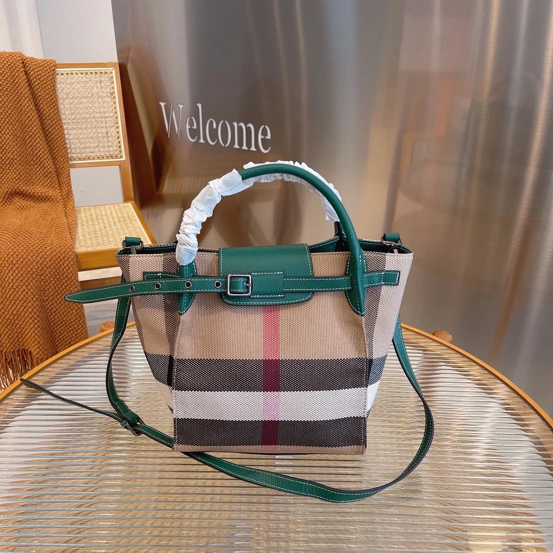 Burberry Check Canvas Tote Bag Beige Black Red Handbag - 12