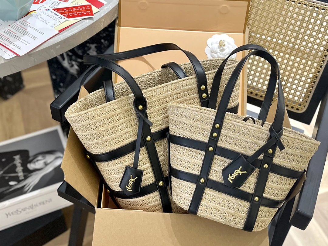 Saint Laurent Rive Gauche Straw Tote Bag Beige with Gray Leather Trim - 5