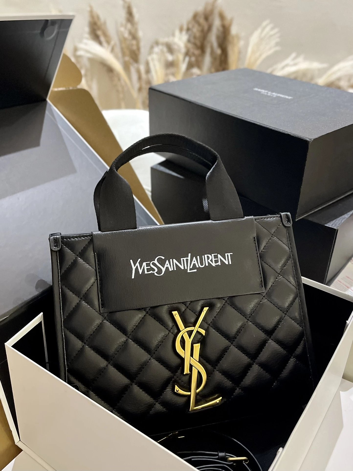Saint Laurent Rive Gauche Straw Tote Bag Beige with Gray Leather Trim - 6