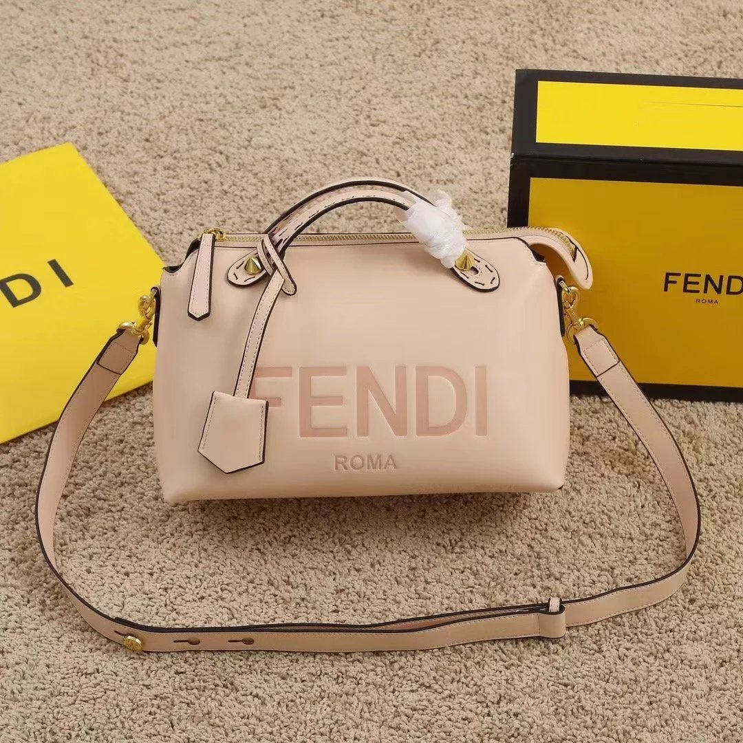 Fendi Boston Bag Black Leather with Beige Webbing Strap Handbag - 3
