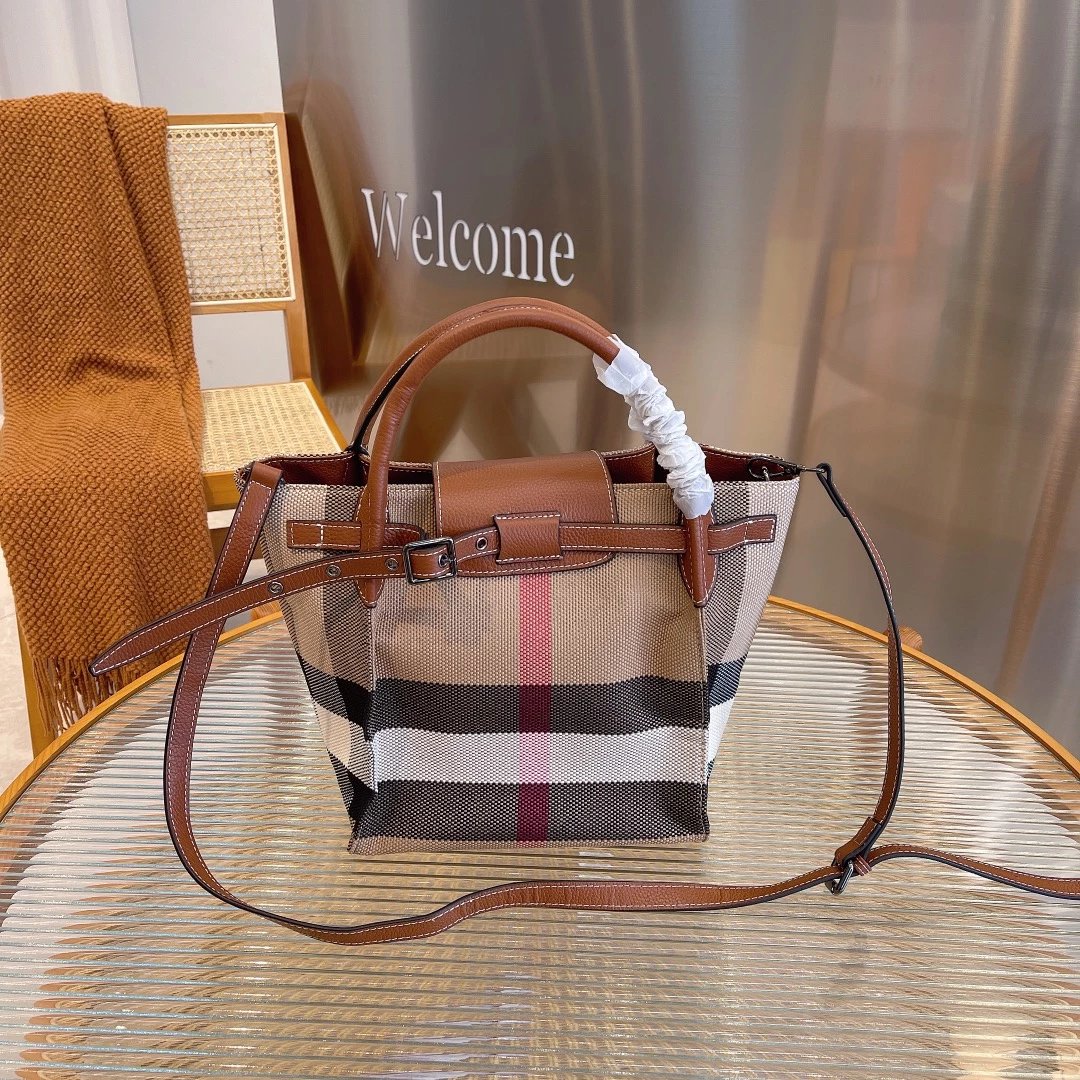 Burberry Check Canvas Tote Bag Beige Black Red Handbag - 13
