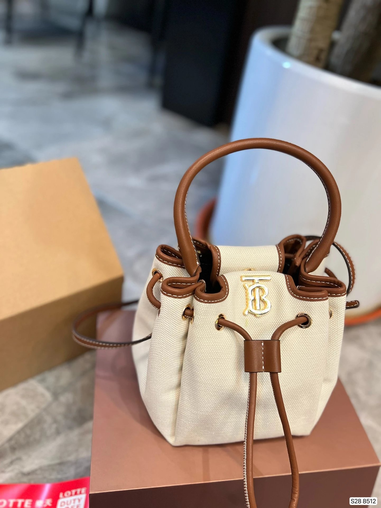 Burberry Logo Canvas Boston Bag Beige with Brown and Orange Accents Handbag - 14