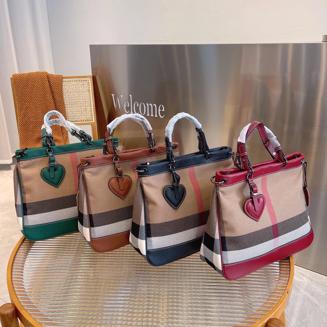 Burberry Check Canvas Tote Bag Beige Black Red Handbag - 11