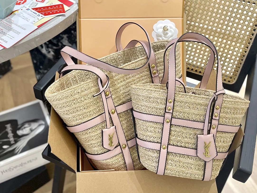 Saint Laurent Rive Gauche Straw Tote Bag Beige with Gray Leather Trim - 4
