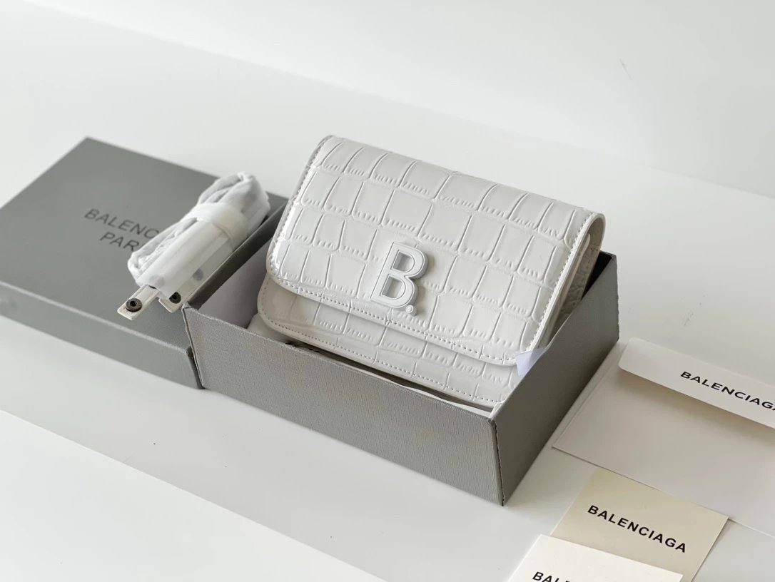 Balenciaga B-Bag Croc-Embossed White Leather Wristlet Clutches - 6
