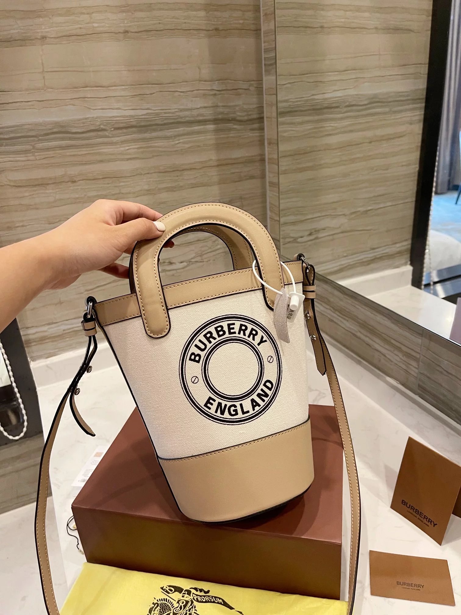 Burberry Logo Canvas Boston Bag Beige with Brown and Orange Accents Handbag - 2
