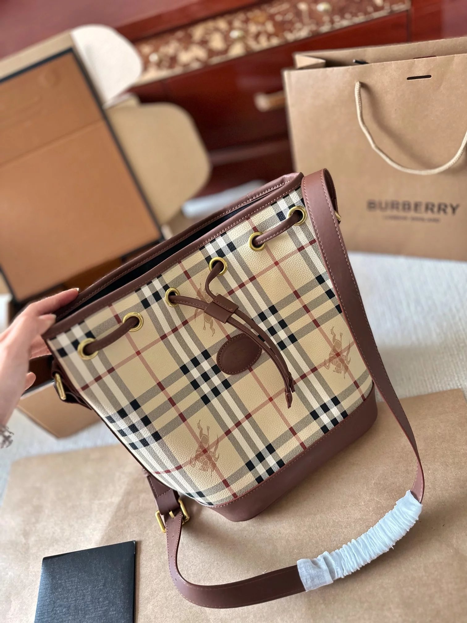 Burberry Logo Canvas Boston Bag Beige with Brown and Orange Accents Handbag - 8