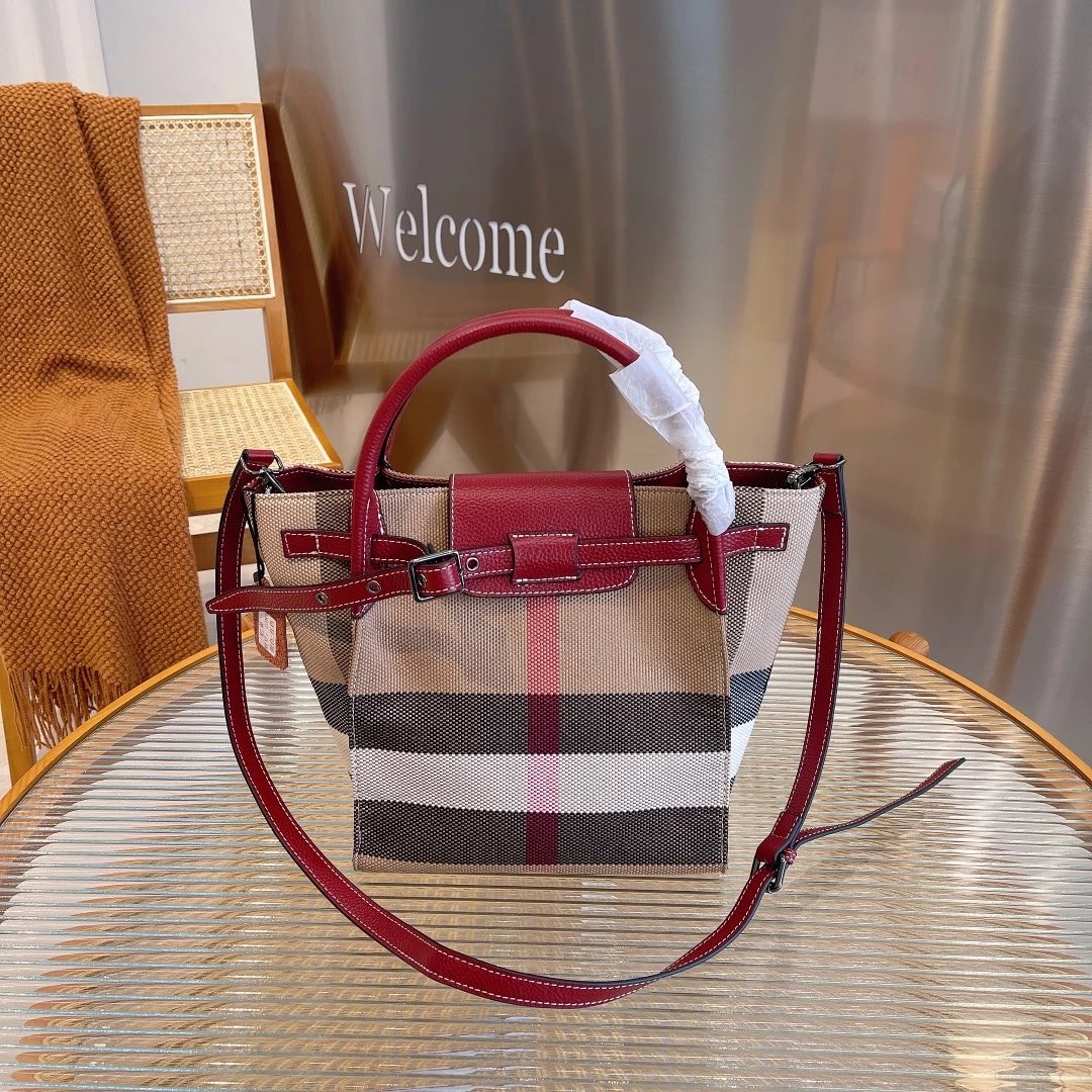 Burberry Check Canvas Tote Bag Beige Black Red Handbag - 14