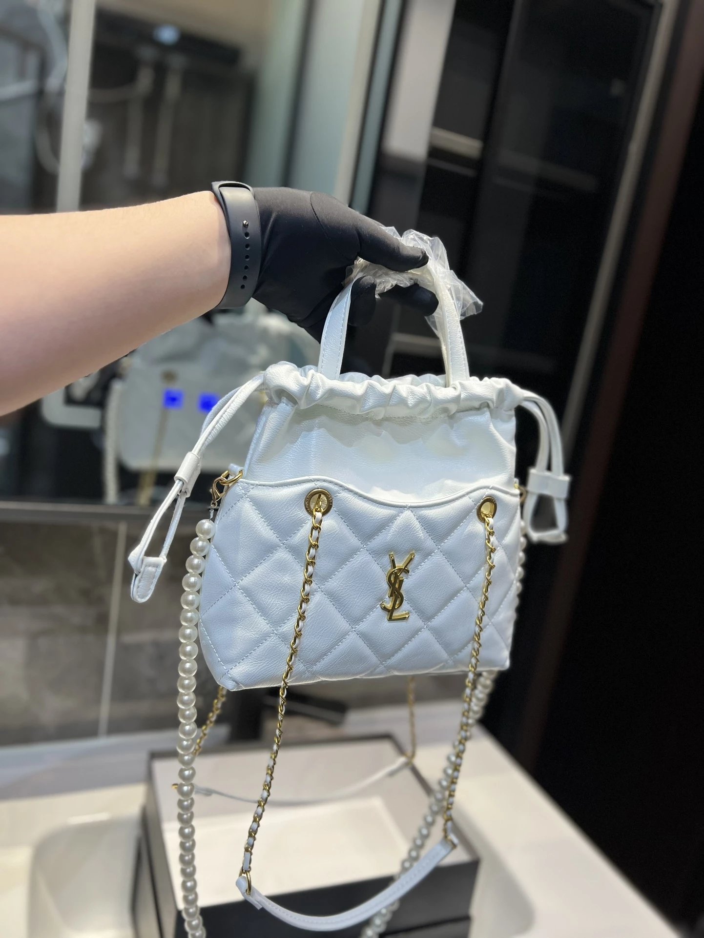 Saint Laurent Rive Gauche Straw Tote Bag Beige with Gray Leather Trim - 7
