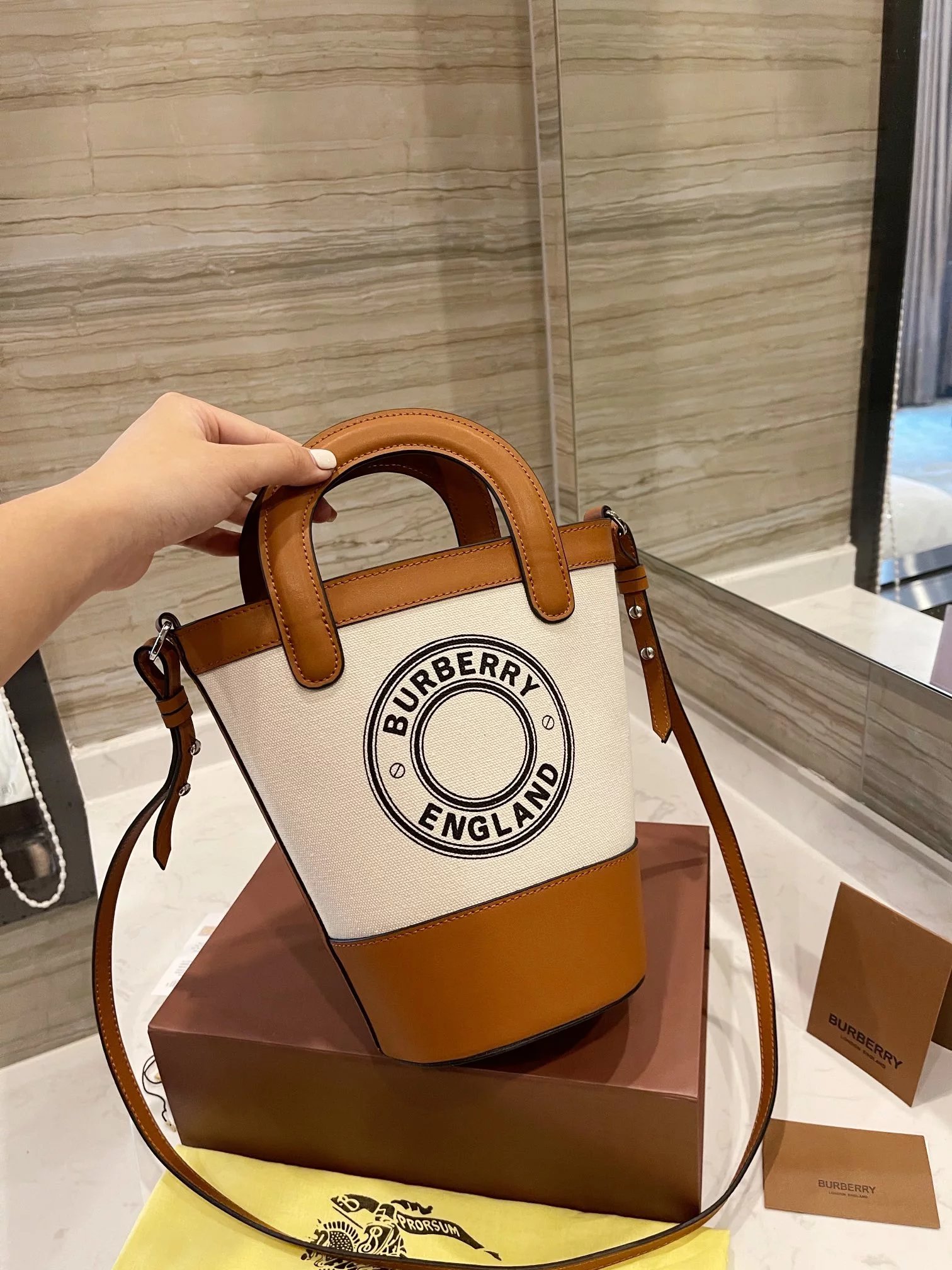 Burberry Logo Canvas Boston Bag Beige with Brown and Orange Accents Handbag - 5