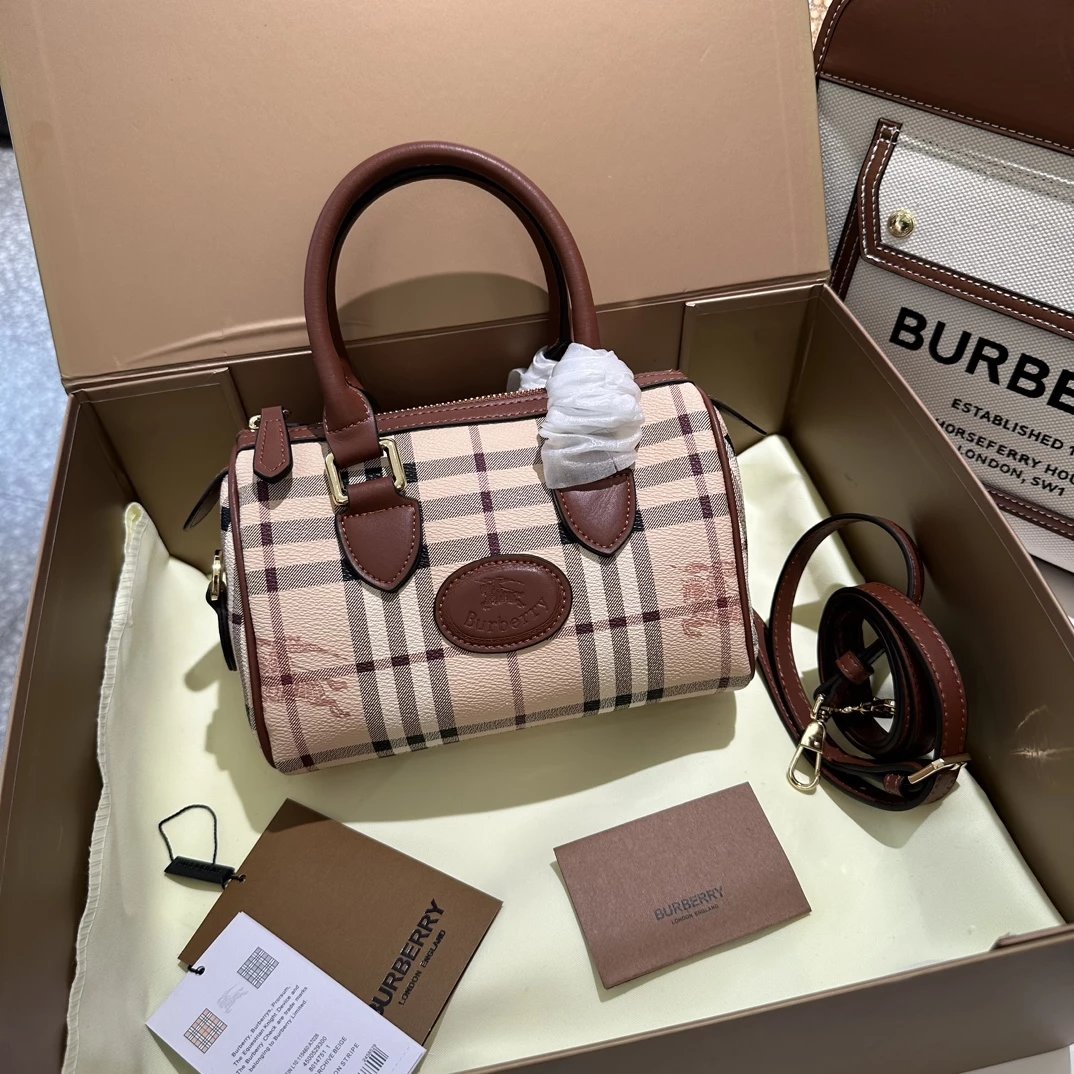 Burberry Logo Canvas Boston Bag Beige with Brown and Orange Accents Handbag - 10