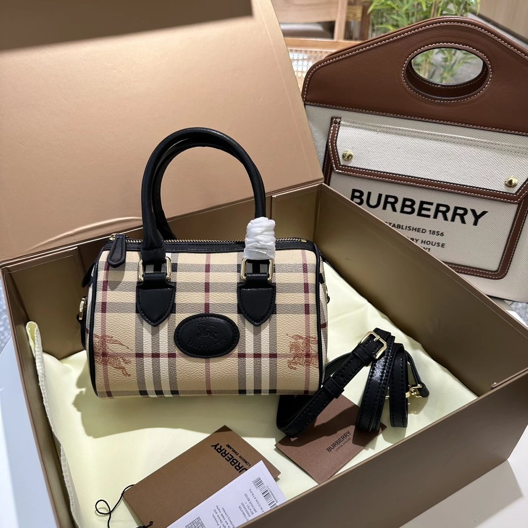 Burberry Logo Canvas Boston Bag Beige with Brown and Orange Accents Handbag - 9