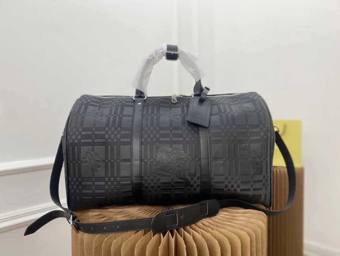 Burberry Check Print Duffle Bag Black Gray Travel Bag - 7